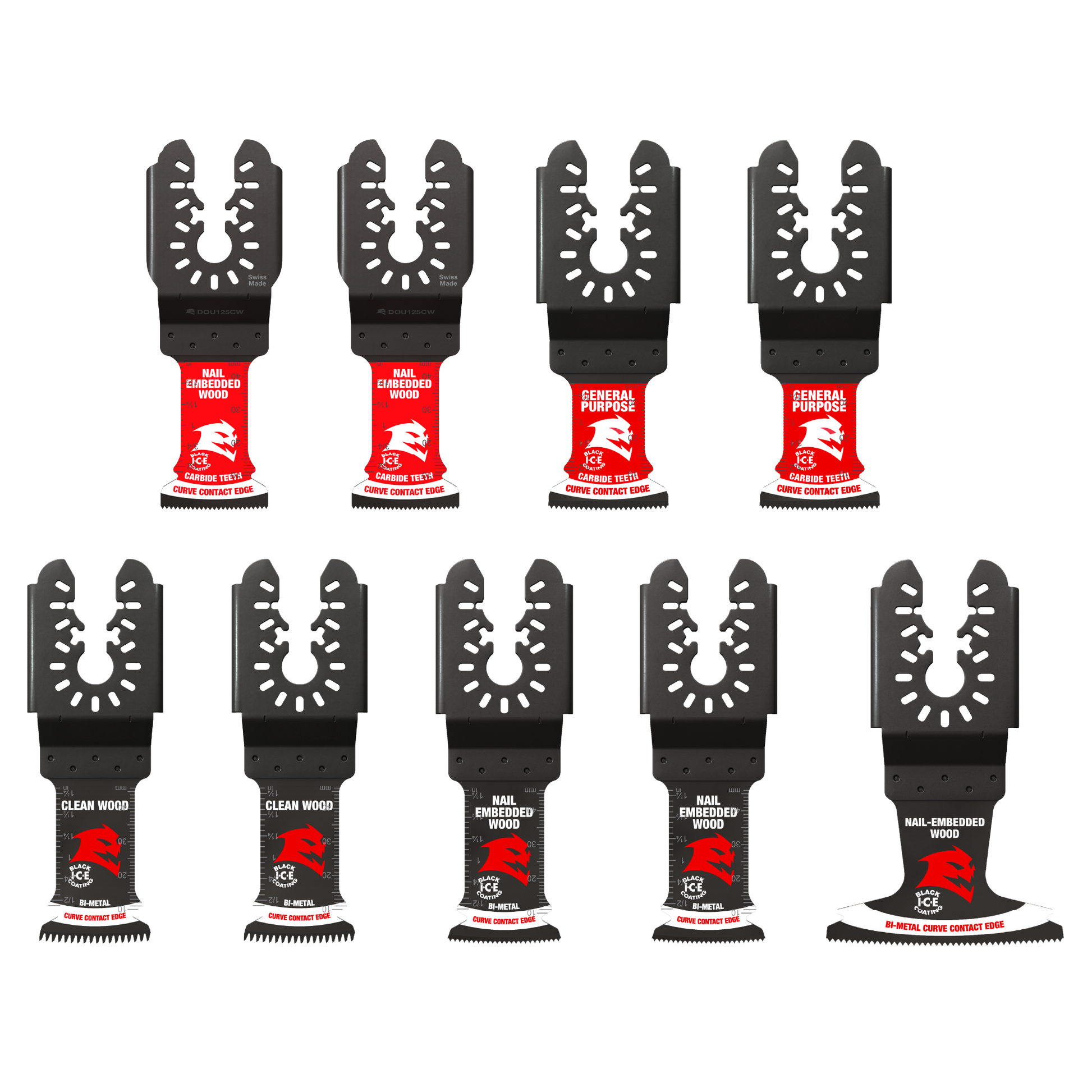 Ten DIABLO DOU9S blades from Diablos branded 9-piece Universal Fit set are showcased on a white background in two rows. The red and black oscillating tools include carbide and bi-metal blades with labels like clean wood and general purpose.