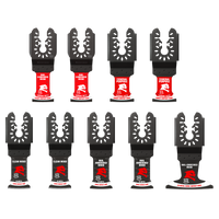 Ten DIABLO DOU9S blades from Diablos branded 9-piece Universal Fit set are showcased on a white background in two rows. The red and black oscillating tools include carbide and bi-metal blades with labels like clean wood and general purpose.