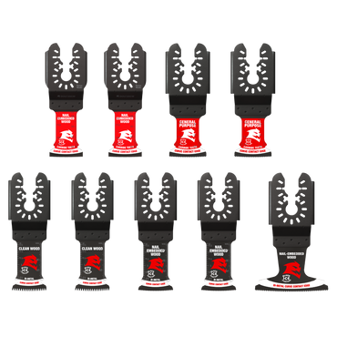 Ten DIABLO DOU9S blades from Diablos branded 9-piece Universal Fit set are showcased on a white background in two rows. The red and black oscillating tools include carbide and bi-metal blades with labels like clean wood and general purpose.