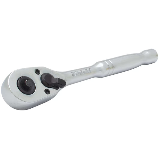 A STANLEY 1/4 IN DRIVE PEAR HEAD QUICK RELEASE™ ratchet with a silver pear-shaped head and short handle is shown angled on a white background, with the brand name engraved on the handle.