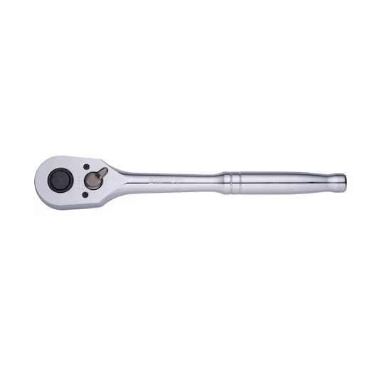 The STANLEY 1/2 IN DRIVE PEAR HEAD QUICK RELEASE™ RATCHET, featuring a silver finish and long handle, is displayed against a white background.