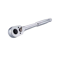 The STANLEY 1/2 IN DRIVE PEAR HEAD QUICK RELEASE™ RATCHET, featuring a silver metal pear head and round design, is displayed on a white background.