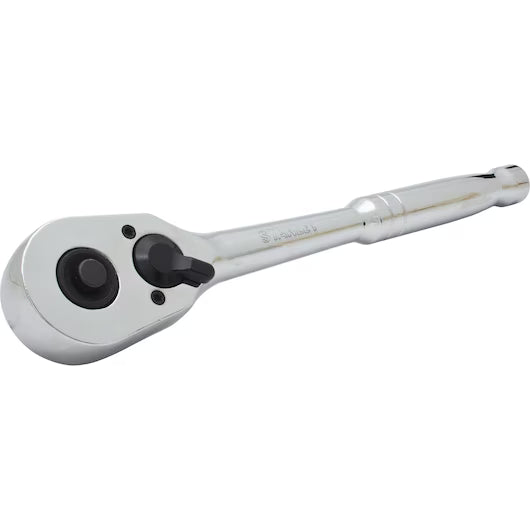 The STANLEY 1/2 IN DRIVE PEAR HEAD QUICK RELEASE™ RATCHET features a round head, switch lever, and polished handle, ideal for tightening or loosening bolts and nuts.