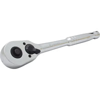 The STANLEY 1/2 IN DRIVE PEAR HEAD QUICK RELEASE™ RATCHET features a round head, switch lever, and polished handle, ideal for tightening or loosening bolts and nuts.