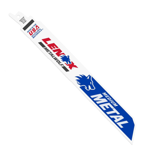 The LENOX Bi-Metal 9 in. Reciprocating Saw Blade (5-Pack) for medium metal cutting showcases a wolf logo and Made in USA text on a white background with red and blue accents, highlighting POWER BLAST TECHNOLOGY.