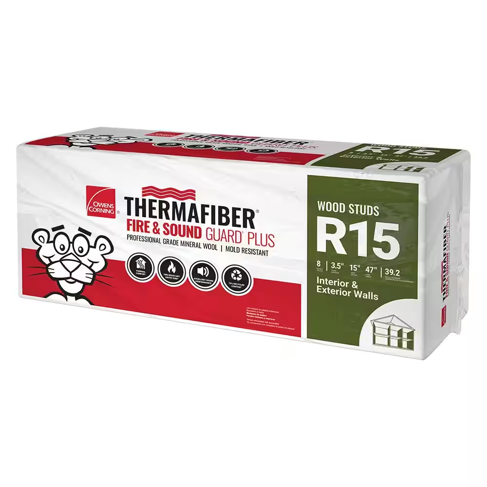 OWENS CORNING R15 Thermafiber Fire and Sound Guard 15 in. x 47 in. Mineral Wool Insulation Batt offers excellent thermal and noise control for wood studs. The white and red package features a cartoon tiger and product details.