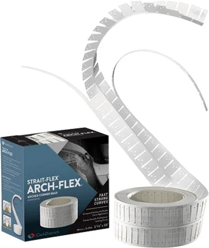 A PACOA Arch-Flex 3-3/8" x 50' Flexible Drywall Corner Tape box is shown beside two rolls, with one uncoiled to highlight its flexibility for arch corners and strong joint reinforcement in drywall finishing.