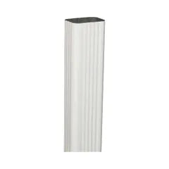 A 2 in. x 3 in. white aluminum downspout by Go Build, The Fastest Way To Build, features a slightly rectangular shape with subtle ridges—perfect for durable, efficient water drainage.