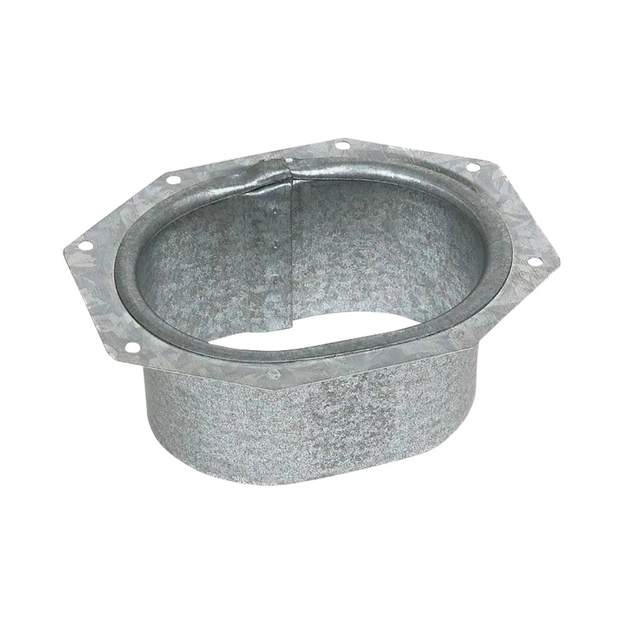 A 2 in. x 3 in. Aluminum Mill Downspout Outlet by Go Build, The Fastest Way To Build, designed for connecting downspouts to flat surfaces, features a durable aluminum build and a metallic finish.