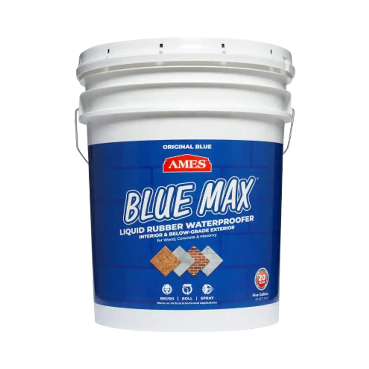 A white 5-gallon bucket of Go Build Blue Max Basement Waterproofing Sealer Regular Grade with a blue label, for wood, concrete, and masonry. The label features product details and icons for mold and mildew prevention.