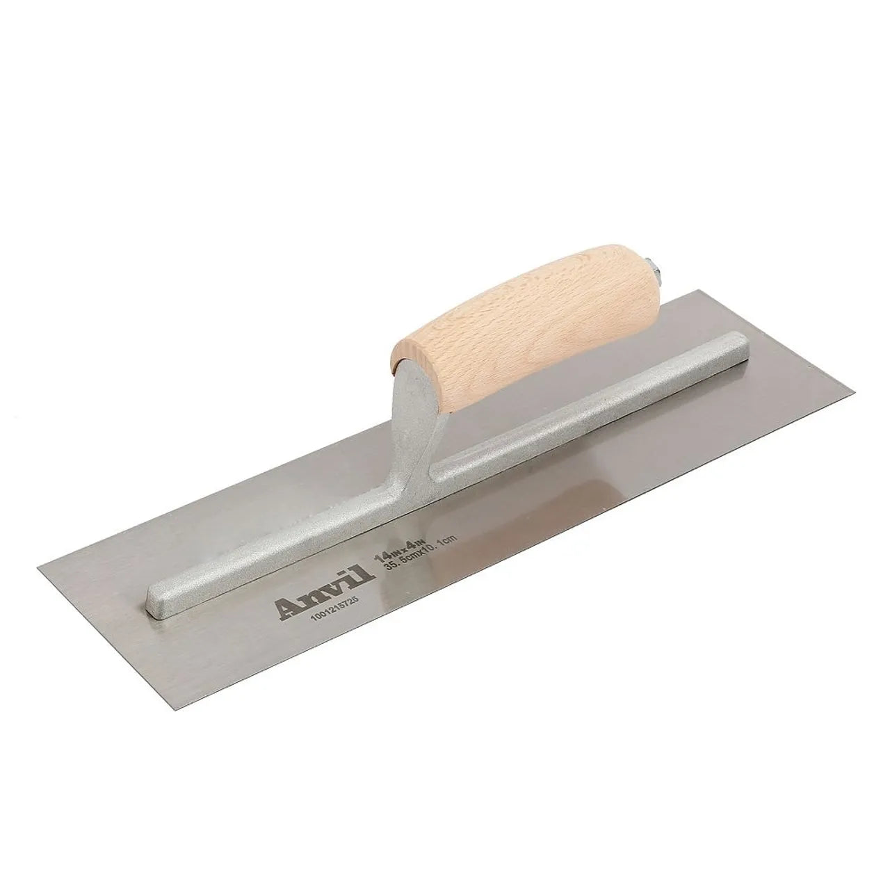 The Go Build 12 in. x 4 in. Finishing Trowel features a spring steel blade and ergonomic wooden handle, ideal for smoothing and finishing concrete surfaces.