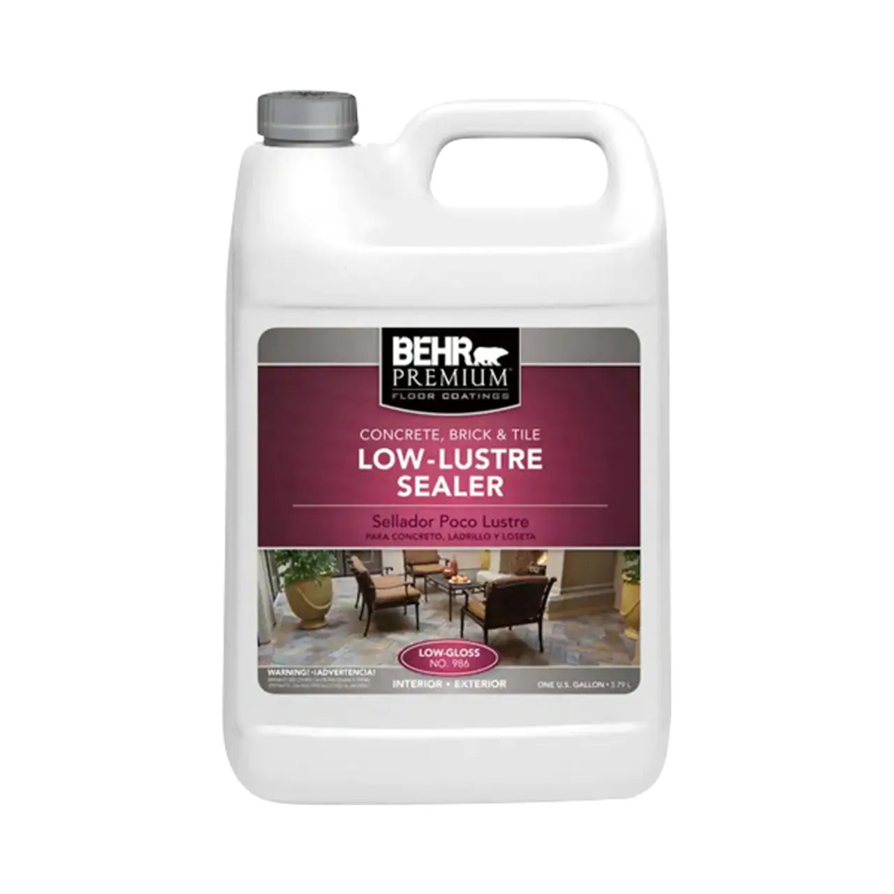 A 1-gal. Low-Lustre Sealer by Go Build, The Fastest Way To Build, in a white plastic container for concrete and masonry surfaces; label features indoor/outdoor images, product details, maroon accents, and highlights an acrylic-based formula.