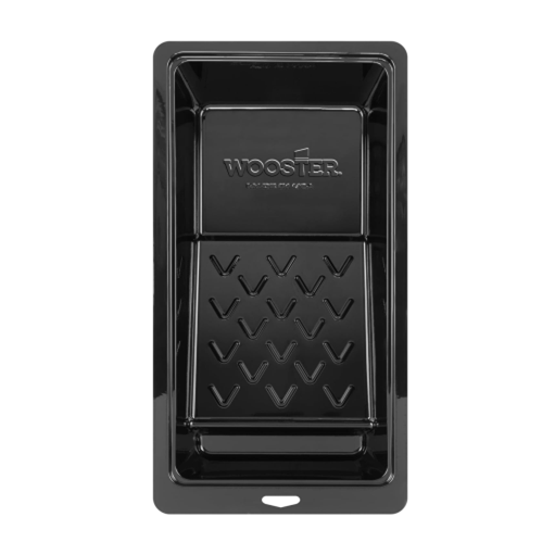 The WOOSTER BR403-4 1/2 Jumbo-Koter 4-1/2 in. Plastic Tray includes a textured grid for optimal paint distribution. Perfect for Jumbo-Koter rollers, this rectangular tray design ensures efficiency, featuring the reputable WOOSTER brand name embossed near the top.