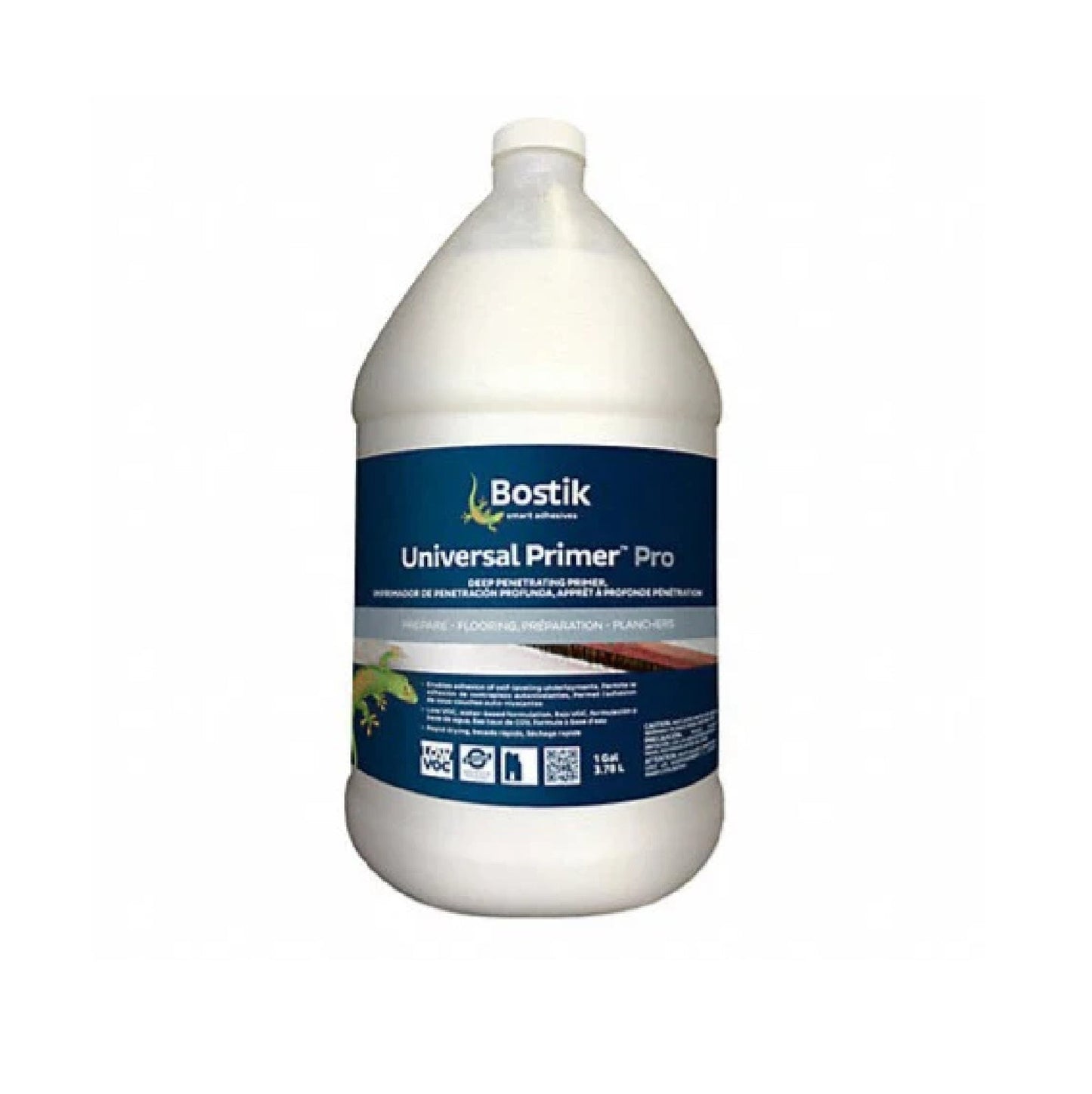 BOSTIK Universal Primer is an interior acrylic primer for flooring prep, packed in a white gallon container with a blue label showing product details and usage instructions.