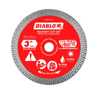 The DIABLO DMADC0300 3 Masonry Cut-Off Disc features a red center with the Diablo logo, supports max RPM 20,000, and is suitable for both dry and wet cutting. It ensures precise cuts, longer life, and a cleaner edge compared to standard diamond continuous rim discs.