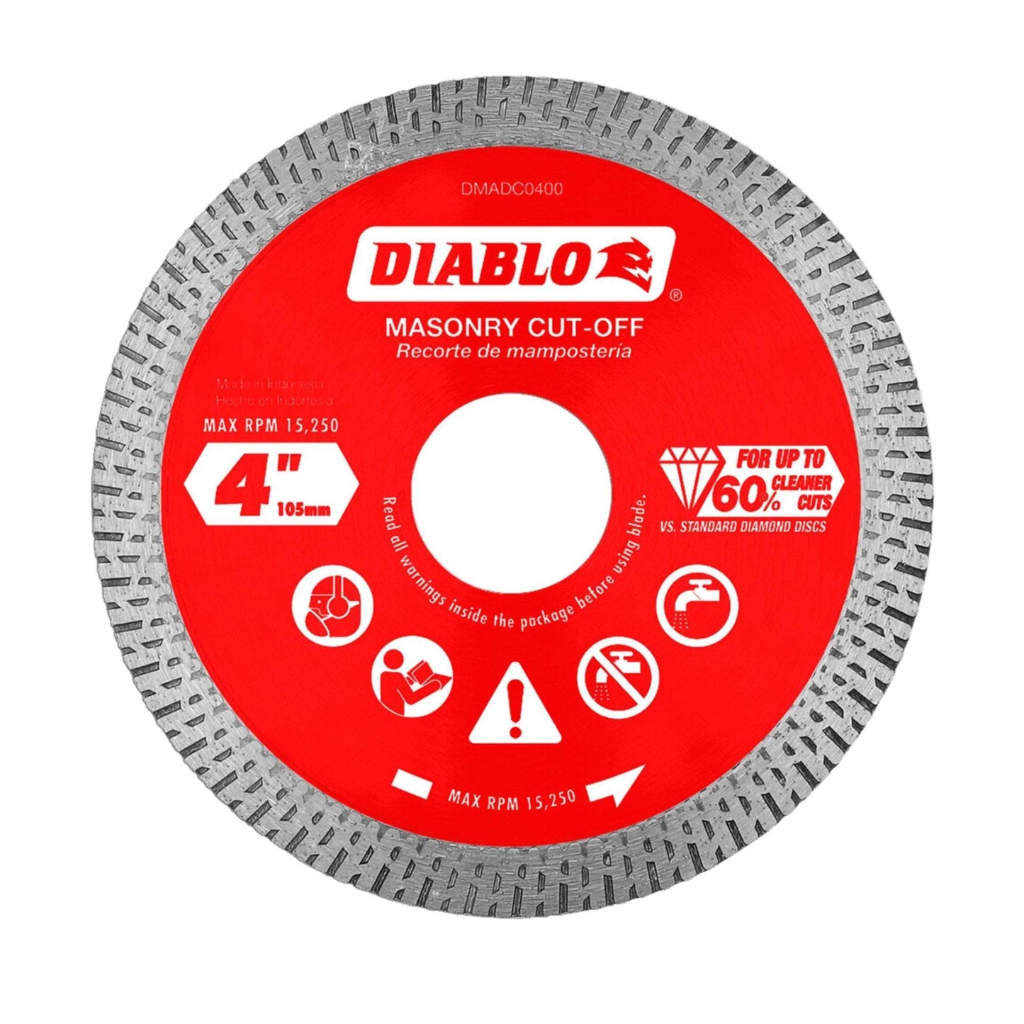 A 4-inch DIABLO DMADC0400 diamond continuous rim cut-off disc features a red and silver design with Diablo in white, promising up to 60 times cleaner cuts than standard masonry discs.