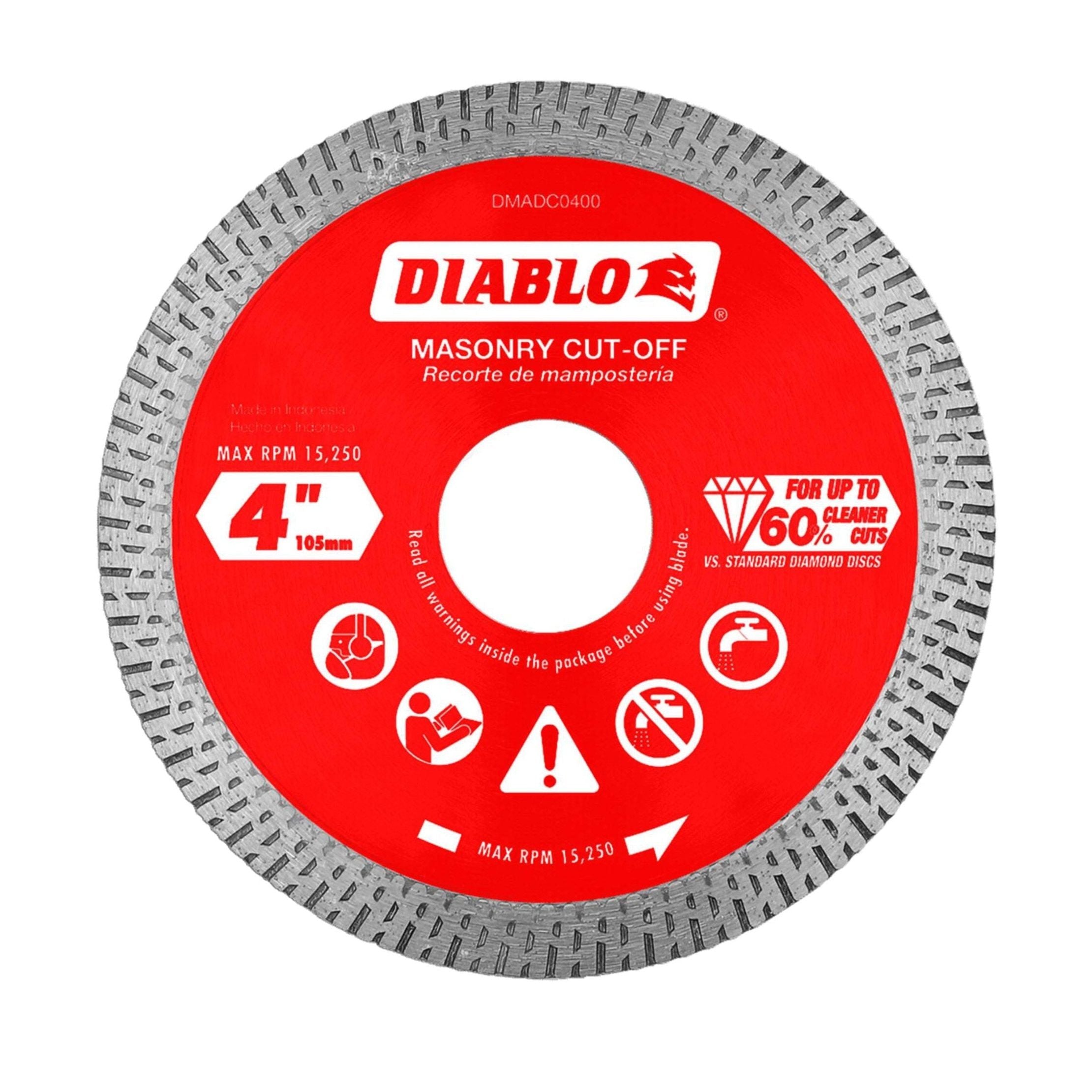 A 4-inch DIABLO DMADC0400 diamond continuous rim cut-off disc features a red and silver design with Diablo in white, promising up to 60 times cleaner cuts than standard masonry discs.