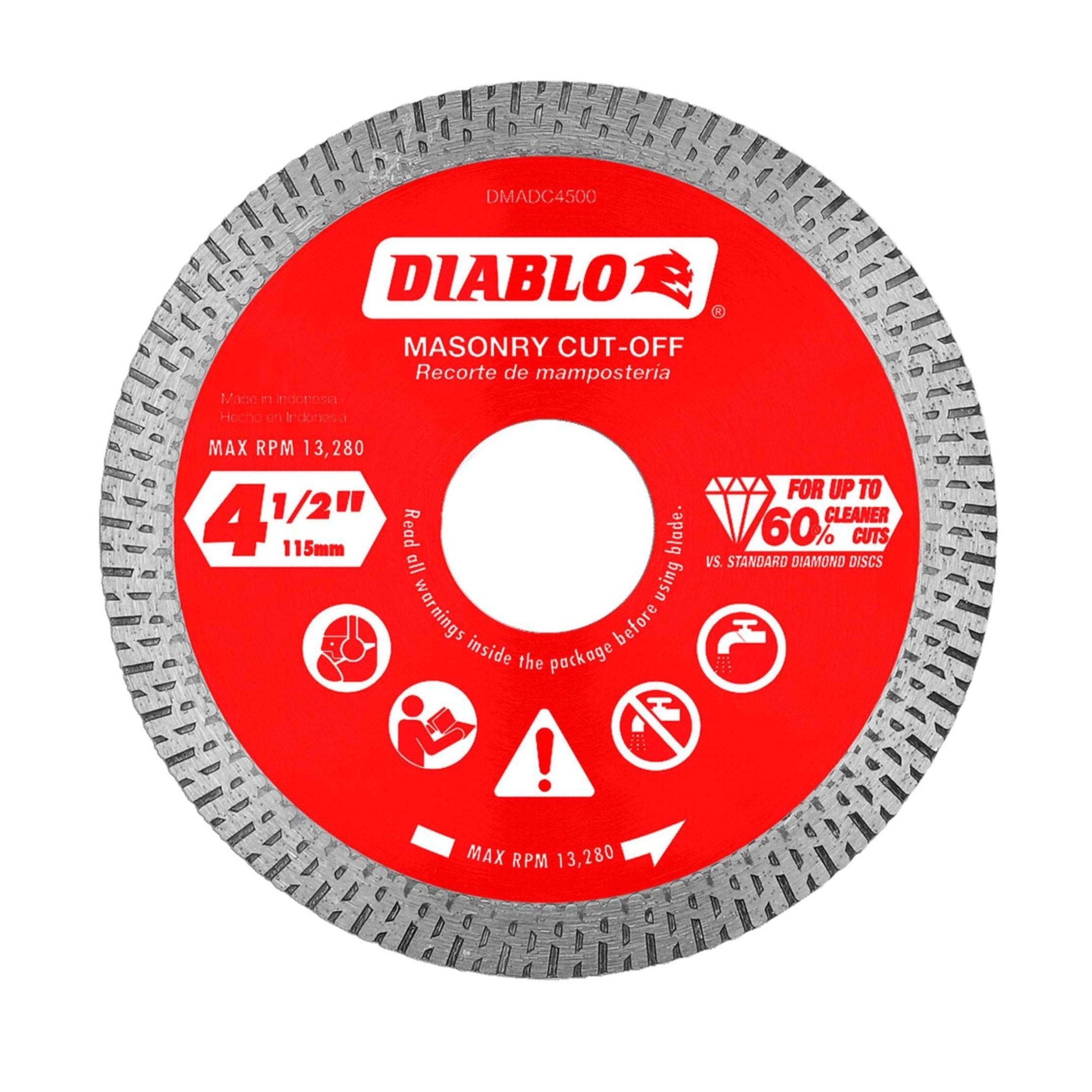 The DIABLO DMADC0450 4-1/2 in. Diamond Continuous Rim Masonry Cut-Off Disc by Diablo is ideal for precision cutting. Specifically designed for grinders, it has a diameter of 4 1/2 inches (115mm) and allows up to 60% cleaner cuts at a maximum RPM of 13,280, with instructions and safety icons printed around the center hole.