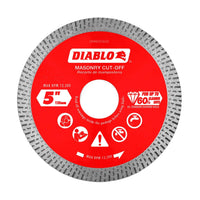 The DIABLO DMADC0500 is a 5 in. diamond continuous rim masonry cut-off disc by Diablo, featuring safety icons, max RPM of 12,200, and capable of up to 60 cuts.