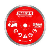 The Diablo DMADC0700 7 in. Diamond Continuous Rim Masonry Cut-Off Disc features a 7-inch diameter, max RPM of 8,450, a silver rim with industrial-grade diamonds for precise cutting, and includes icons for safety, cleaner cuts, and standard warnings.