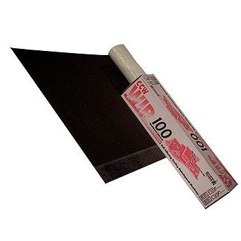 A partially unrolled roll of CARLISLE WIP PRODUCTS WIP 100 reveals black rubberized asphalt. Its packaging highlights superior waterproofing and prominently displays the brand name, featuring a 1.00 marking for its performance.