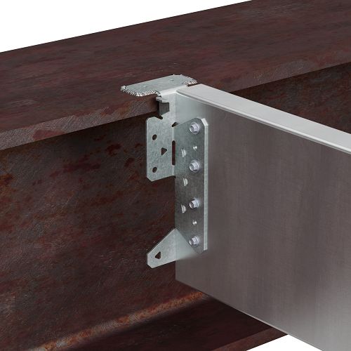 A close-up of a metal beam showcases an attached bracket from the SIMPSON STRONG-TIE S/HJCT-KT Heavy Joist Hangers 5-Pack by Simpson Strong-Tie. Multiple bolts and a rectangular plate are visible. The beam has a rustic texture, while the galvanized joist hanger maintains a shiny, new appearance, illustrating a structural connection.