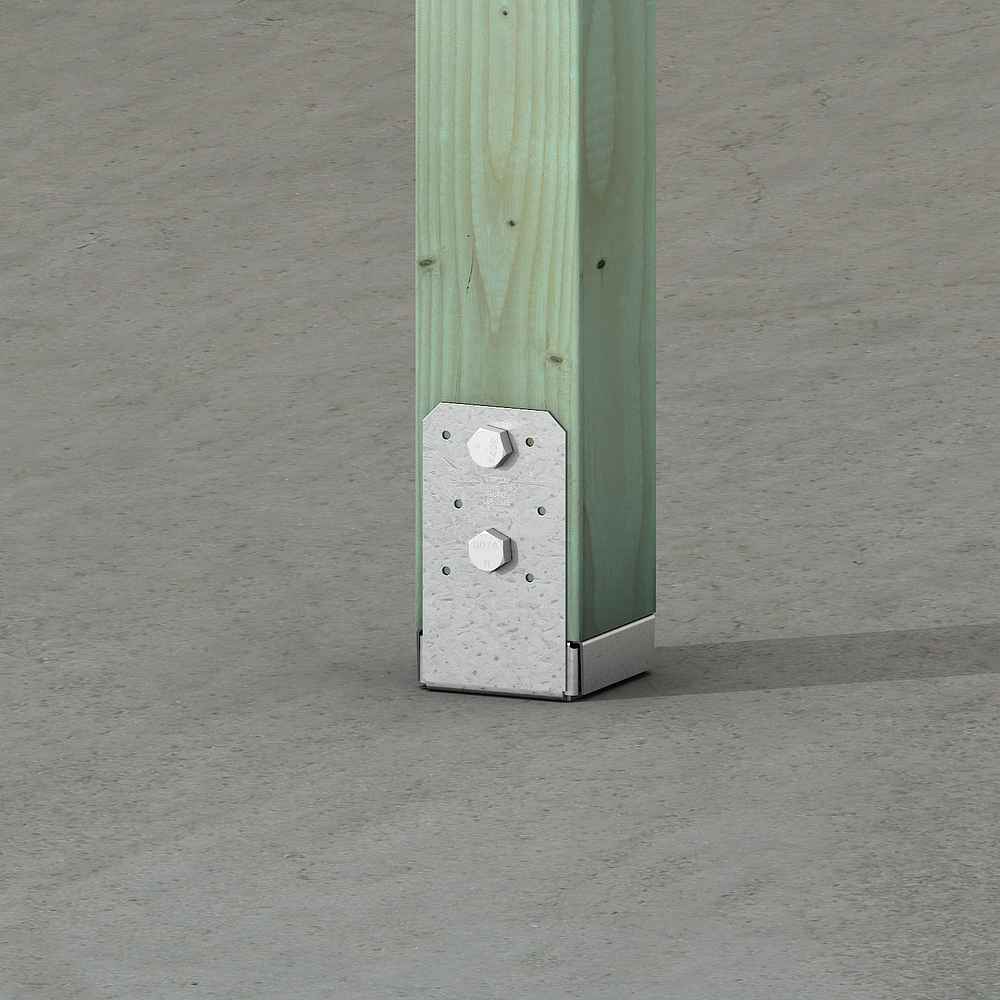 The Simpson Strong-Tie ABU ZMAX® 4-in x 4-in wood-to-concrete post base securely fastens a wooden post to concrete using bolts, offering high capacity support.
