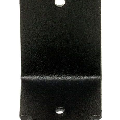The Simpson Strong-Tie SIMPSON APA21 APA 90° Angle bracket is a black metal wall mount with two screw holes, featuring a curved edge and textured surface, perfect for hanging or attaching objects to beams or rafters in outdoor projects.