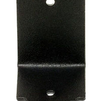 The Simpson Strong-Tie SIMPSON APA21 APA 90° Angle bracket is a black metal wall mount with two screw holes, featuring a curved edge and textured surface, perfect for hanging or attaching objects to beams or rafters in outdoor projects.