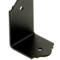 The SIMPSON APA21 APA 90° Angle by Simpson Strong-Tie is a black metal L-bracket with scalloped edges and two holes, perfect for outdoor projects like mounting or securing objects to rafters or beams at a right angle.