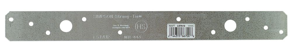 The Simpson Strong-Tie LSTA12 Galvanized Strap Tie is a flat, rectangular metal brace with round and oval holes, labeled with the brand name and product info, designed for wood-to-wood connections to resist seismic forces.