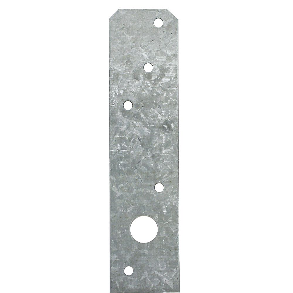 The Simpson Strong-Tie LSTA24 Galvanized Strap Tie is a rectangular metal plate with angled top corners and multiple vertically aligned holes, designed for wood-to-wood connections.
