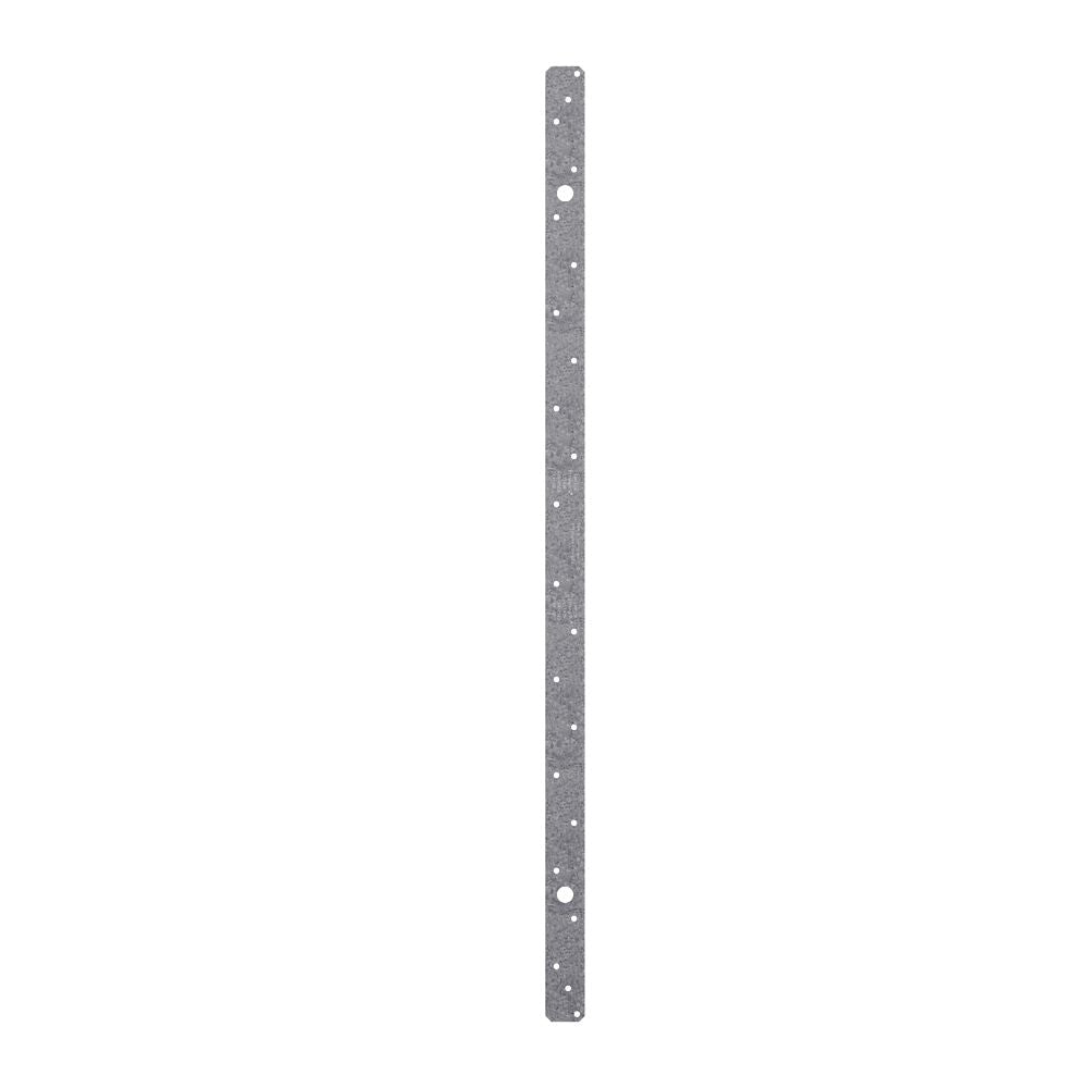 The Simpson Strong-Tie LSTA36 Galvanized Strap Tie (1-1/4 in. x 36 in., 18-Gauge) features evenly spaced holes for reliable structural reinforcement, set against a plain white background.