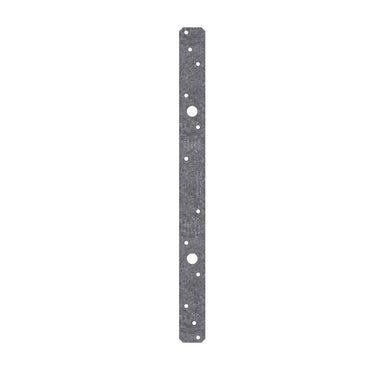 The Simpson Strong-Tie LSTA12 Galvanized Strap Tie is a long, narrow, rectangular metal plate with multiple holes along its length, designed for wood-to-wood connections and reinforcement. The gray speckled finish indicates it is galvanized for durability.