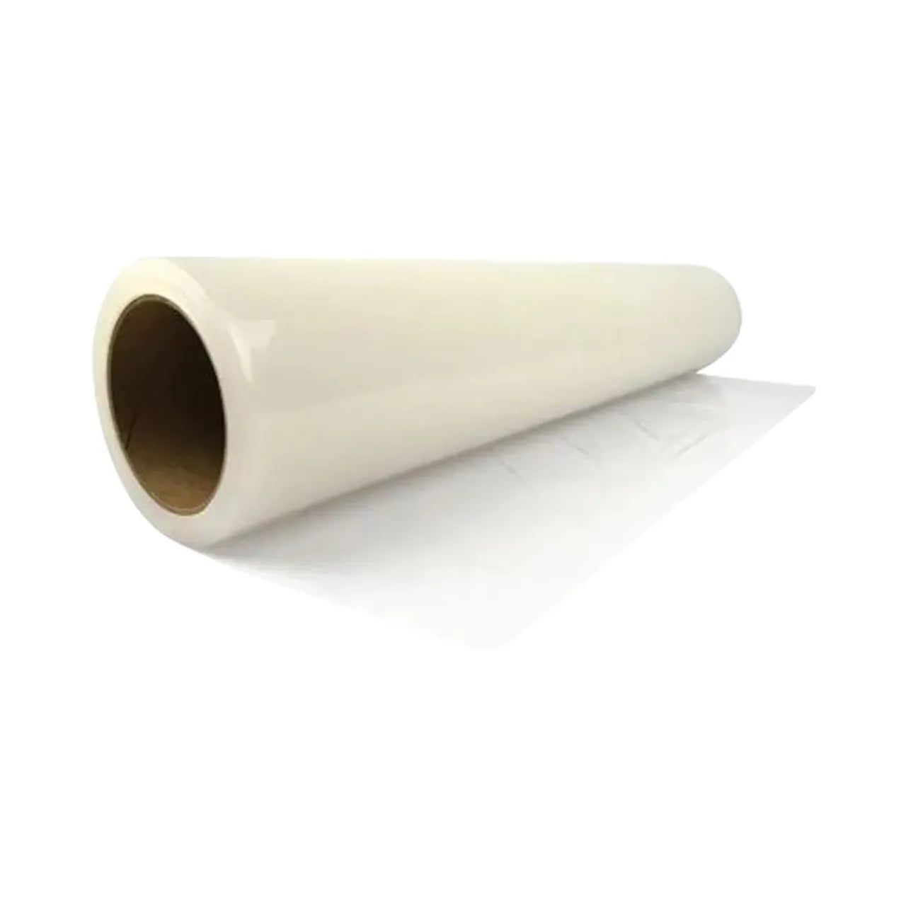 The Go Build 24 in. x 200 ft. Self-Adhesive Film features a transparent roll with cardboard core, partially unrolled on a white background—ideal for temporary floor protection.