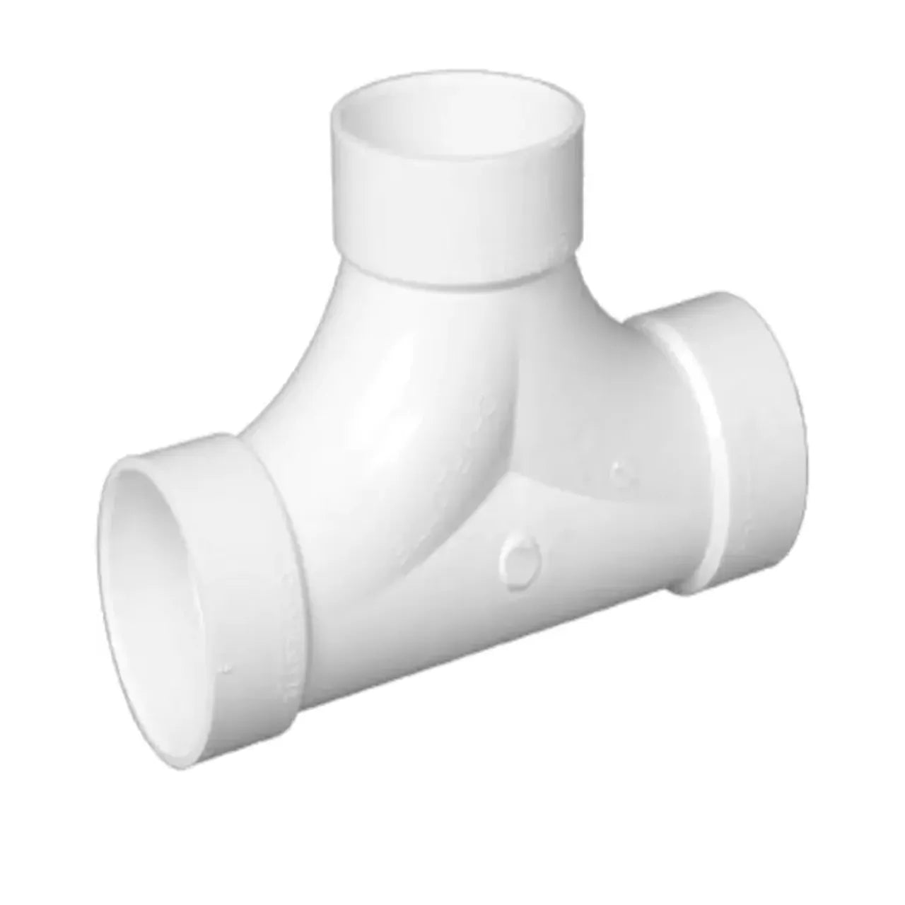 The Go Build 3 in. DWV PVC Two-Way Cleanout is a white plastic fitting with two open ends, designed for easy pipe maintenance and cleaning at right-angle connections.