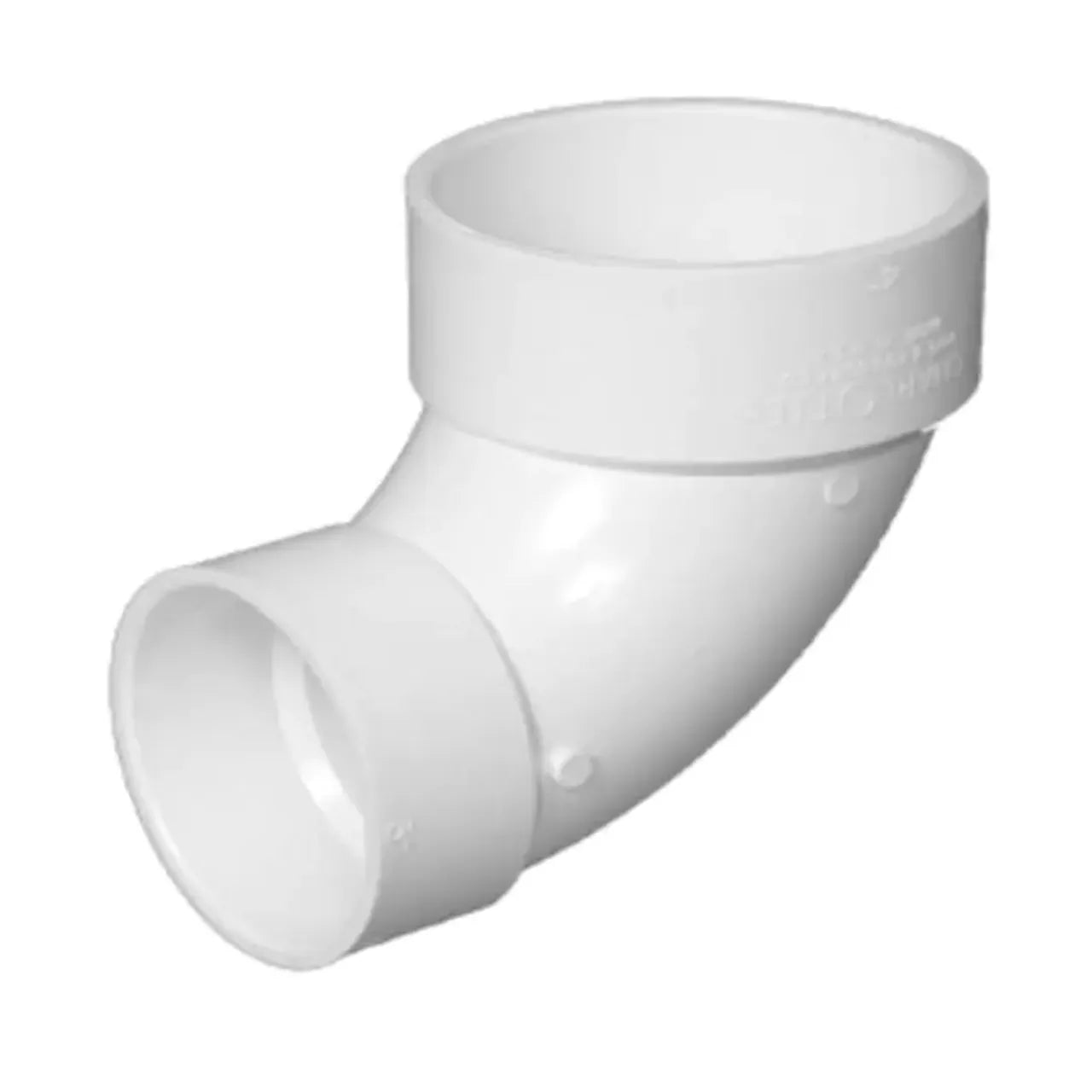 The Go Build 3 in. x 4 in. DWV PVC Closet Bend Reducing Hub x Hub Elbow is a white plastic fitting with a 90° bend, ideal for connecting pipes at a right angle in sanitary drain applications.