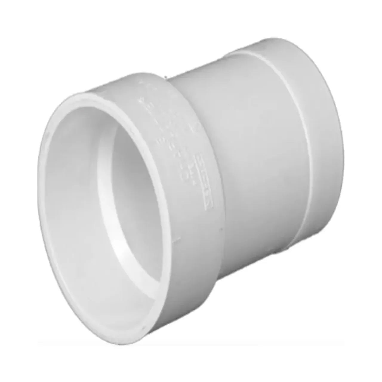 The Go Build 4 in. x 4 in. PVC DWV Cast Iron Hub x Spigot Adapter connects cast iron and PVC pipes in sanitary drain systems like Charlotte Pipe, featuring durable white PVC construction for reliable joints.