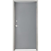 The Go Build 36 in. x 84 in. Gray Flush Steel Commercial Door comes with a silver handle and left-side lock, set in a durable galvanneal steel frame.