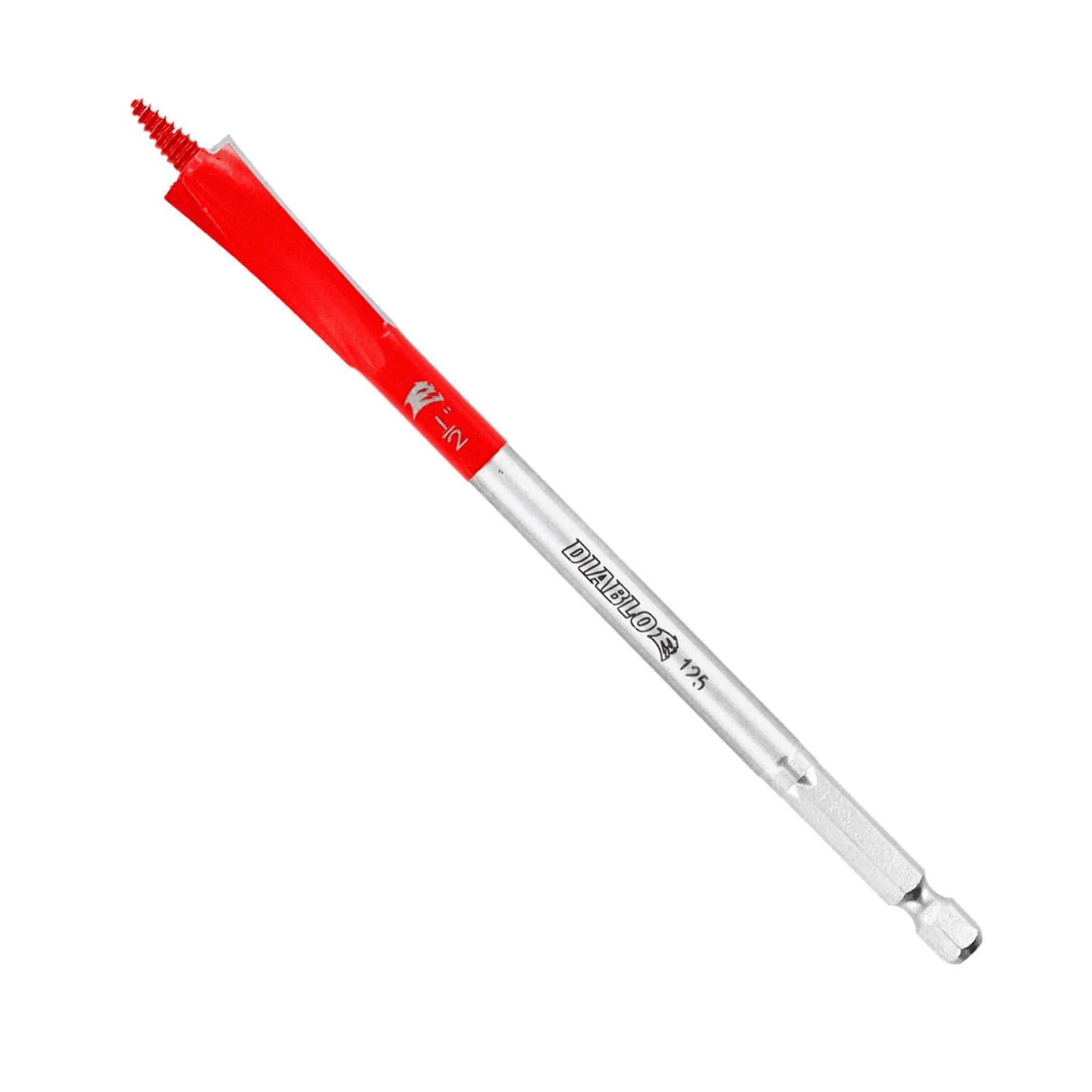The DIABLO DSPD4010 1/2 in. x 6 in. Demo Demon™ Spade Bit, labeled Diablo, features a silver and red winged design with a red screw tip and hex-shank for easy attachment, excelling in nail-embedded wood applications with its DEMO-Edge™ design.