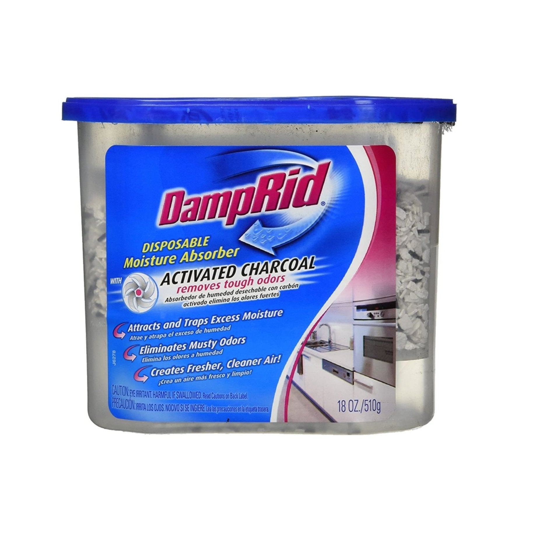 The DAMPRID FG118 18 oz. Disposable Moisture Absorber and Odor Remover with Activated Charcoal is excellent for moisture control and odor elimination, featuring a blue lid, partially transparent body, and visible white granules.