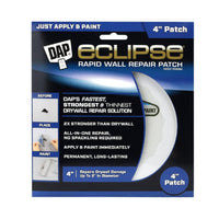 The DAP 50871 Eclipse Rapid Wall Repair Patch features Just Apply & Paint for a 4-inch patch, highlighting it as DAPs quickest drywall repair option with an impact-resistant finish. The simple steps—before, place, paint—ensure effortless permanent repairs.