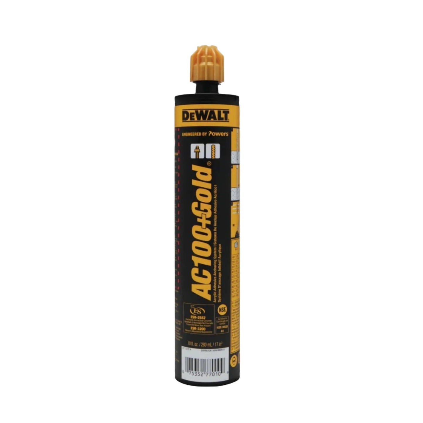 A DEWALT 8478SD-PWR AC100+ Gold Injection Adhesive 9.5oz cartridge, designed for concrete and masonry anchoring, stands upright on a white background. It features a yellow and black design with text/logo, plus additional product details in small print below the cartridge.