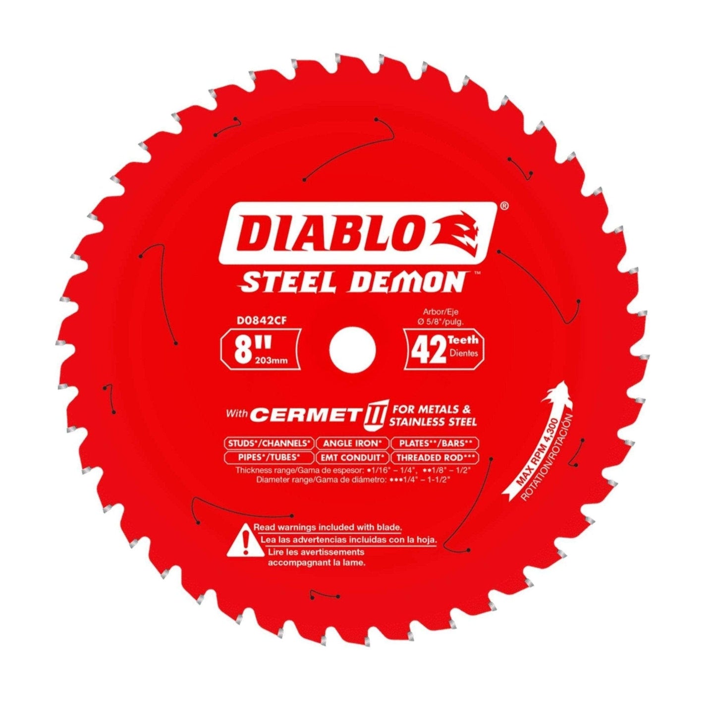 Image of a red saw blade labeled Diablo Steel Demon. This Diablo D0842CF 8-inch, 42-teeth Cermet II blade is expertly designed for cutting thick metals like stainless steel, boasting enhanced durability and superior heat resistance.