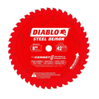 Image of a red saw blade labeled Diablo Steel Demon. This Diablo D0842CF 8-inch, 42-teeth Cermet II blade is expertly designed for cutting thick metals like stainless steel, boasting enhanced durability and superior heat resistance.
