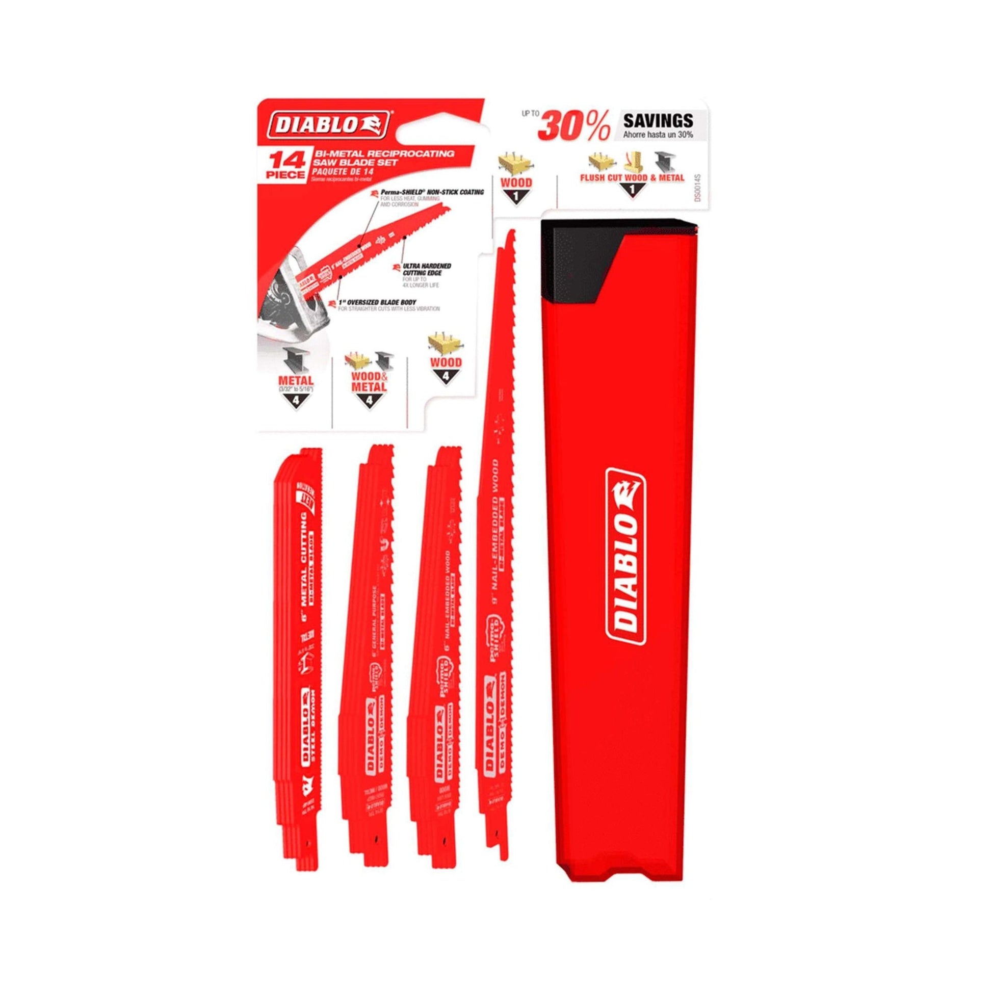 The DIABLO DS0014S 14-Piece Bi-Metal Reciprocating Saw Blade Set by Diablo comes in vivid red, featuring demolition blades for cutting nail-embedded wood and metal. It includes five blade types and a hard case, emphasizing cutting efficiency and cost savings.