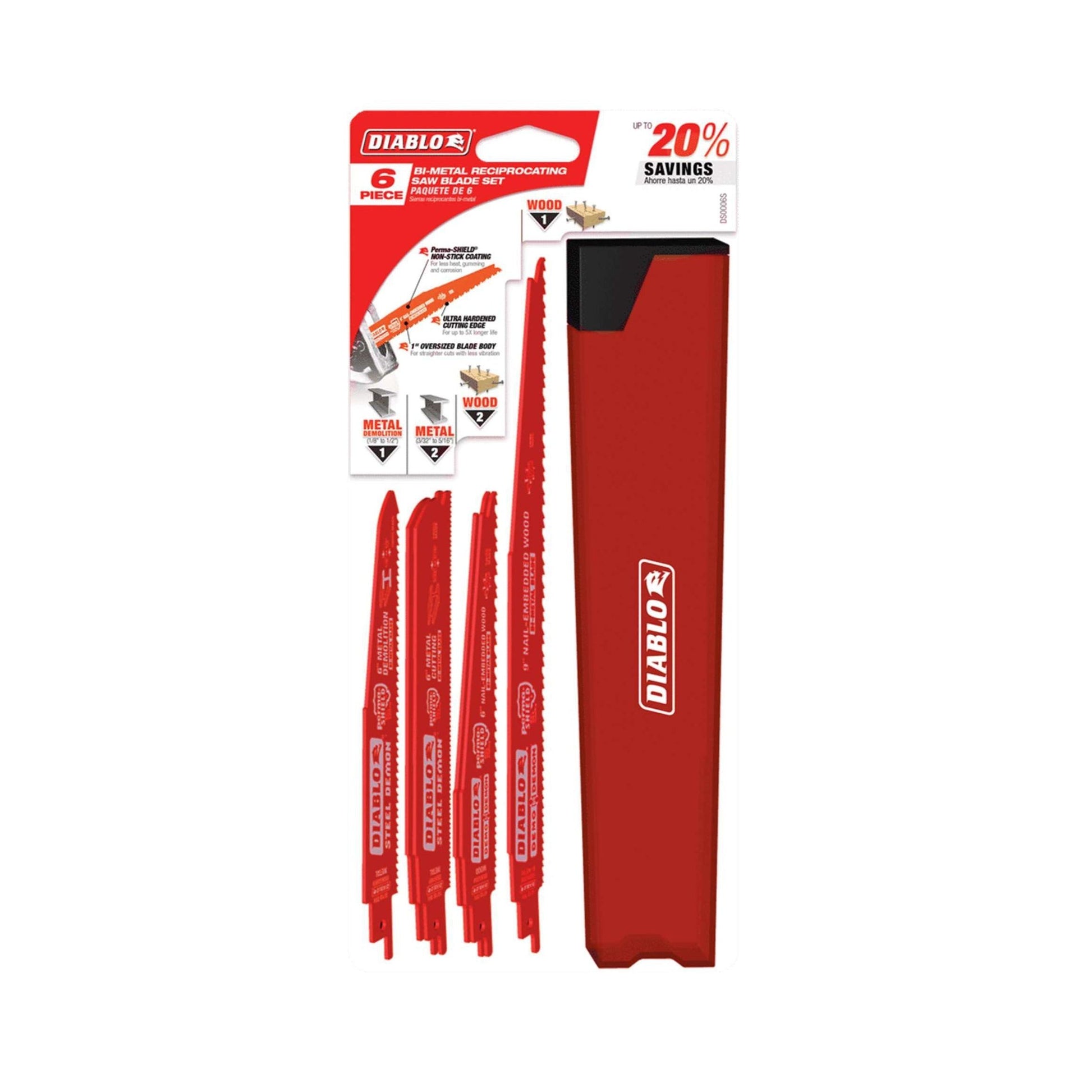 The Diablo DS006S 6-Piece Bi-Metal Reciprocating Saw Blade Set features blades for metal and nail-embedded wood cutting. The red-packaged set offers 20% savings and includes a red storage case on the right side for convenience.