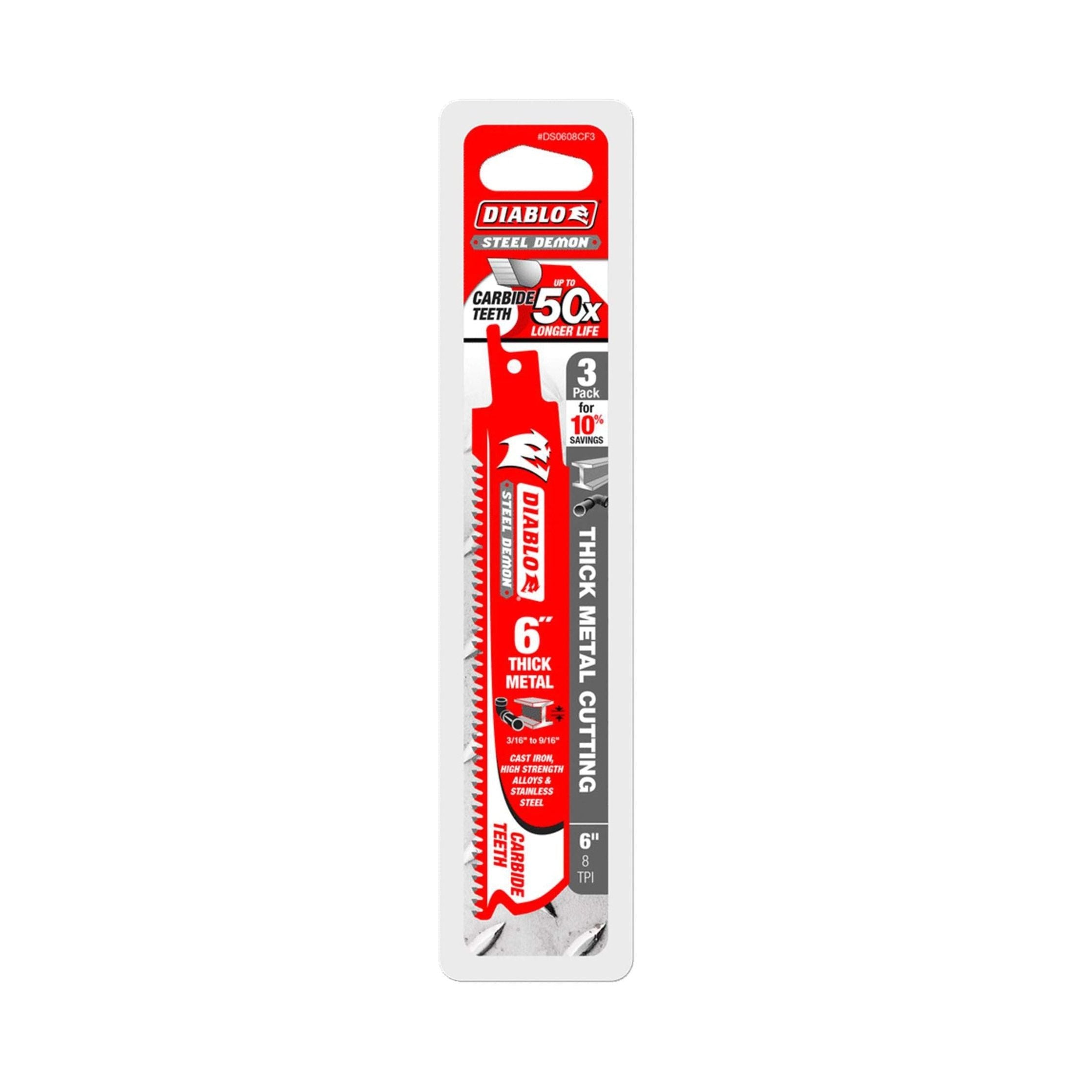 A 3-pack of Diablo DS0608CF3 Steel Demon™ reciprocating saw blades in red and white features 6-inch carbide teeth, expertly designed for tough metals up to 1/2 inch, boasting a lifespan 50 times longer than standard blades.