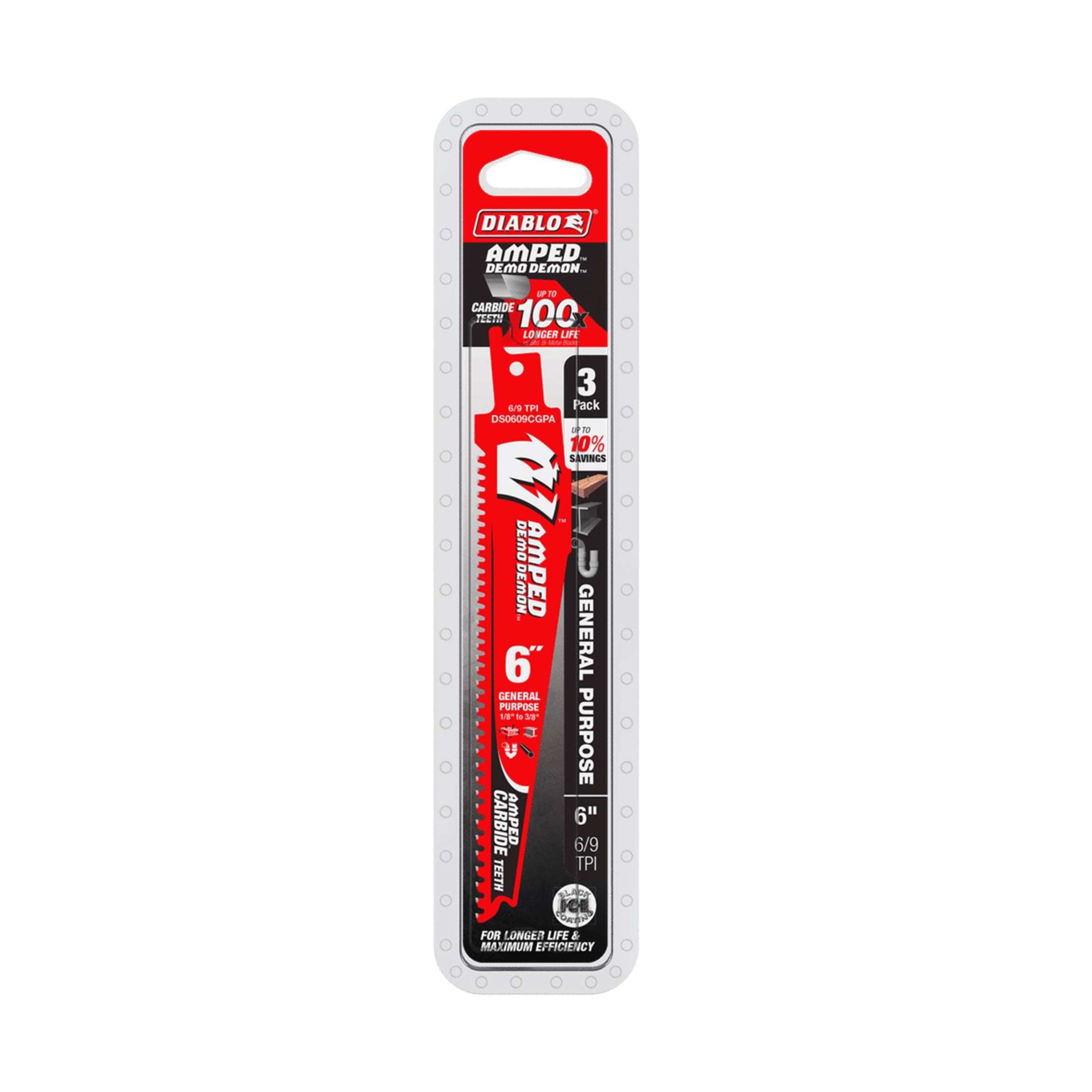 The Diablo DS0609CGPA3 6-inch AMPED™ Demo Demon™ carbide reciprocating saw blades, designed for general-purpose cutting, come in a 3-pack. Packaged in a white and red blister pack, the product showcases Hi-Performance Carbide and branding prominently.