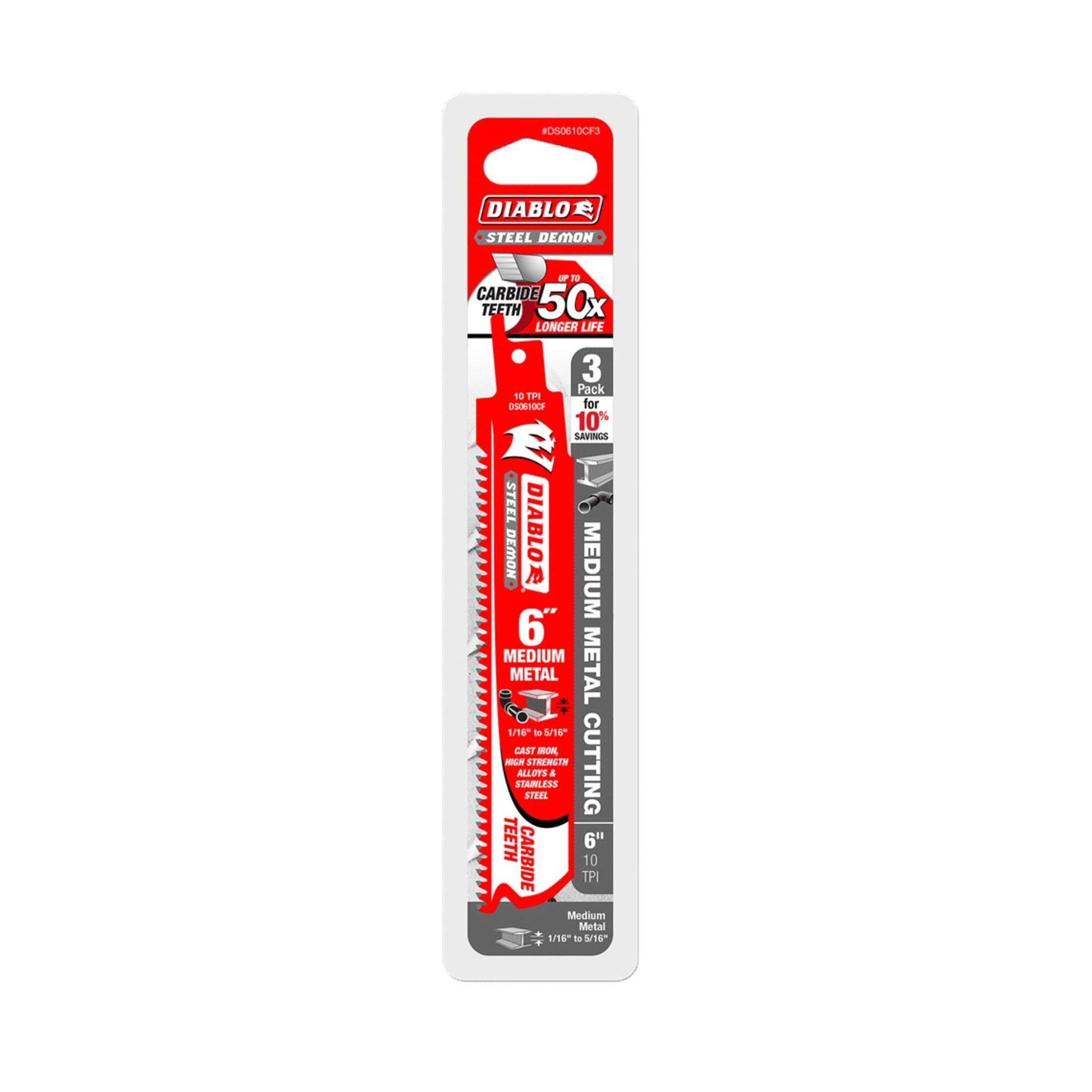 The DIABLO DS0610CF3 blades feature a vibrant red design and are crafted with Steel Demon™ Carbide Teeth and TiCo™ Hi-Density carbide tips, making them ideal for cutting medium metal. They last 50 times longer, with three durable 6-inch, 10 TPI blades per pack.